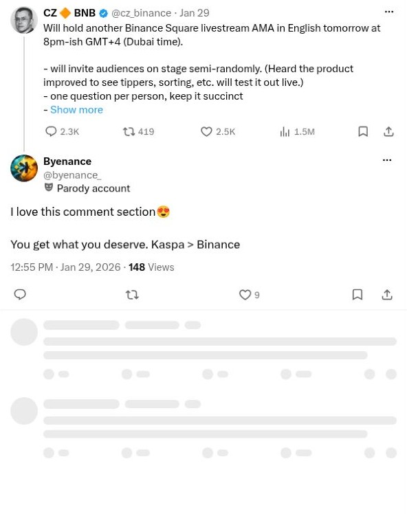 Screenshot of @byenance_'s post: Kaspa Over Binance