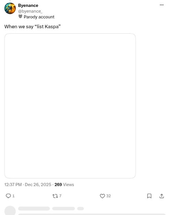 Screenshot of @byenance_'s post: When We Say List Kaspa